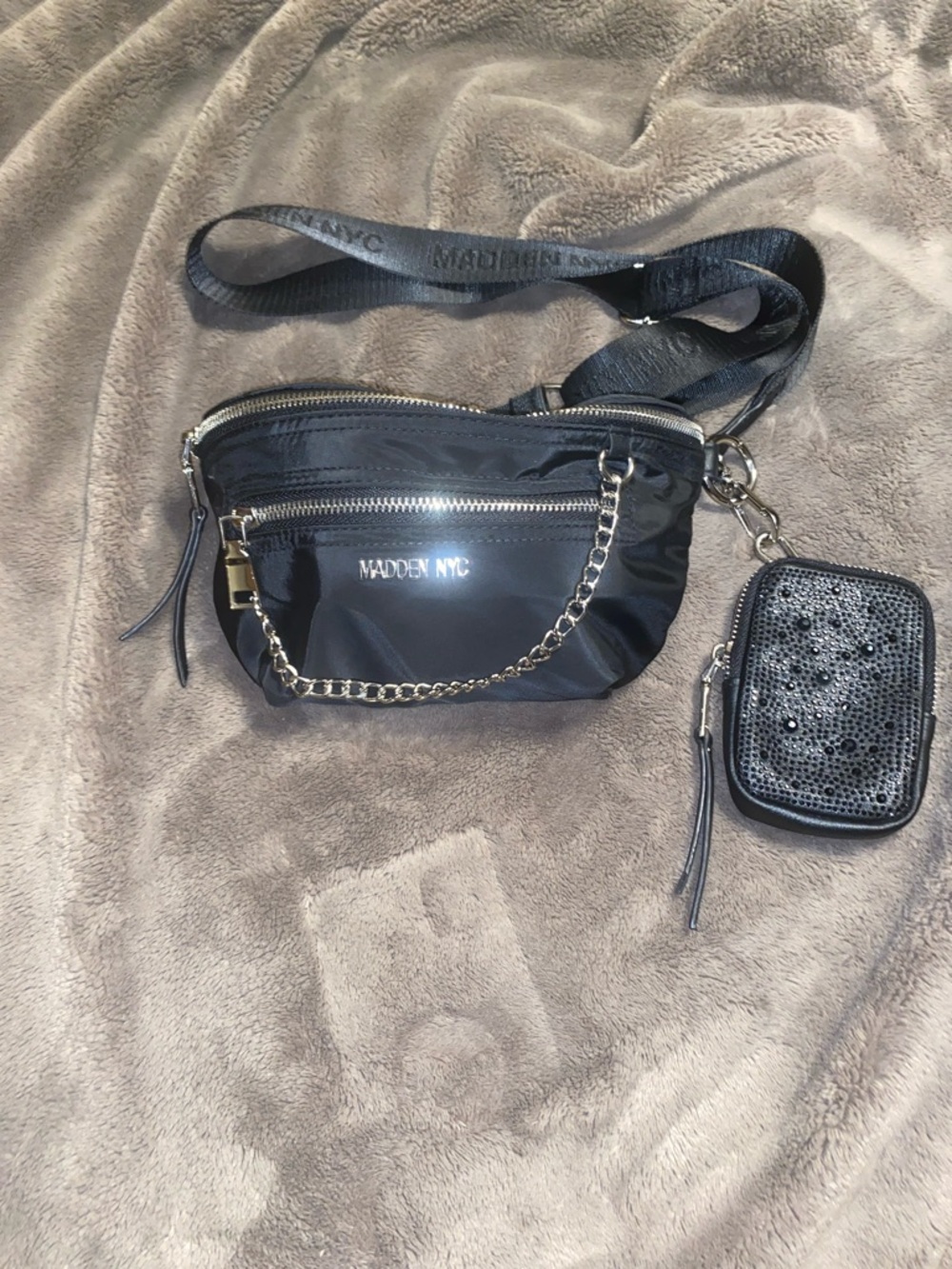 Madden NYC Black Crossbody Belt Bag with Chain and Pouch